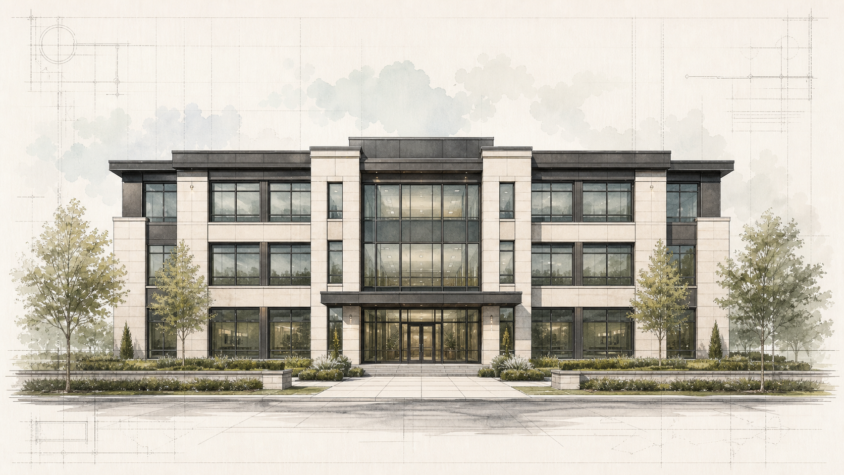Architectural front elevation drawing of a commercial building
